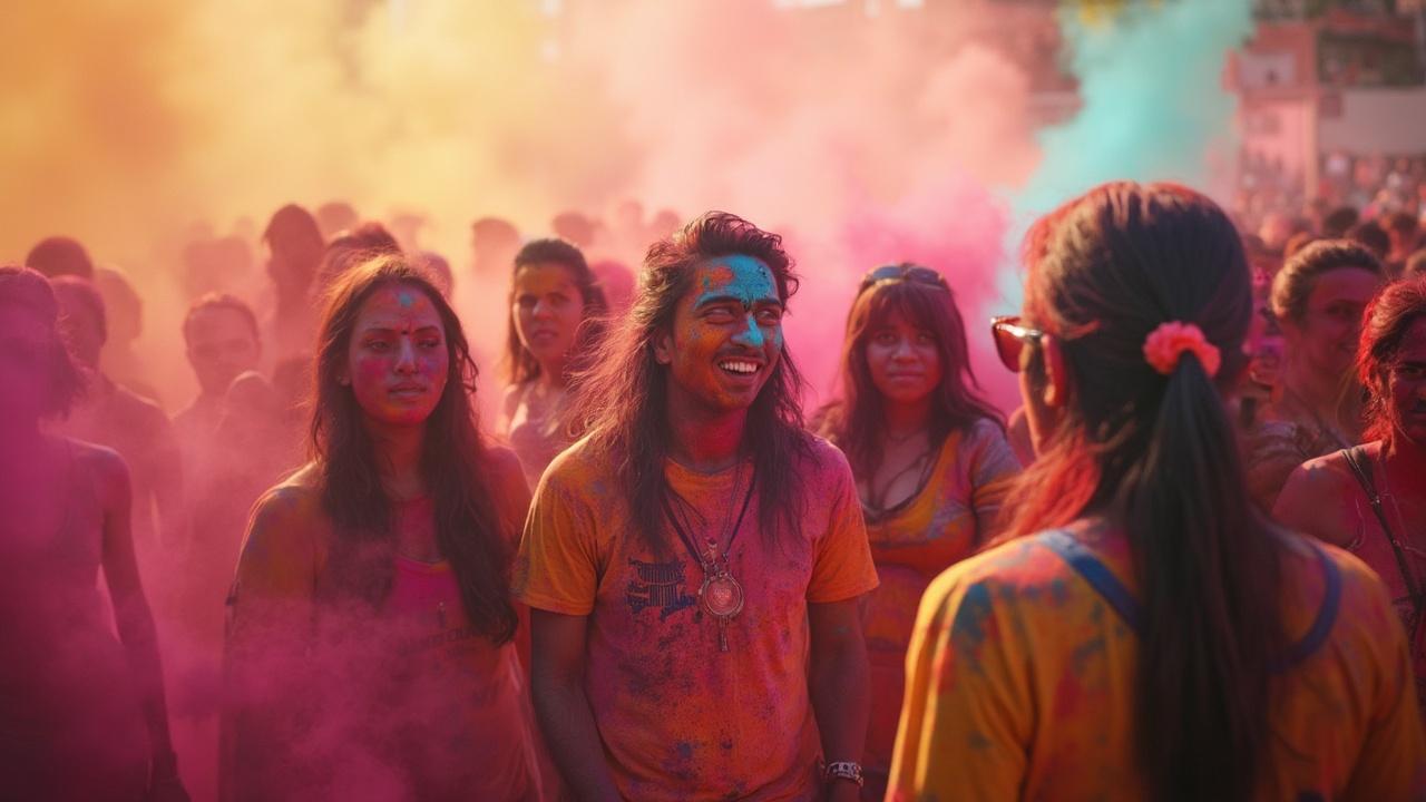 Groupe de personnes célébrant joyeusement avec des couleurs vives