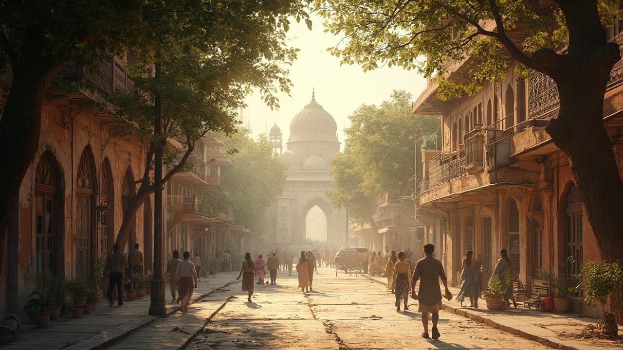 Scène de rue animée dans une ville indienne avec des bâtiments historiques